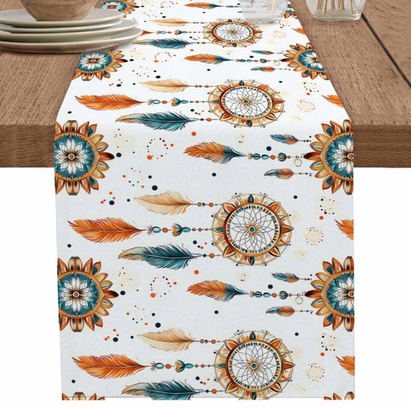 nqOlkjepod Boho Geometric Table Runner 36 Inches Long Farmhouse Dress Scarves, Ethnic Feathers Patterns Retro Farmhouse Dining Tablerunner for Coffee Table/Kitchen Island/Party, Small 13" x 36"
