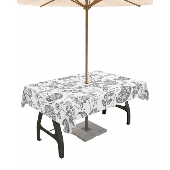 nqOlkjepod Boho Grey Floral Outdoor Tablecloth with Umbrella Hole & Zipper, Vintage Farmhouse Paisley Plant Leaf Rectangle Table Cover 54x80 Inch, Dining Waterproof Table Cloth Protector for Patio