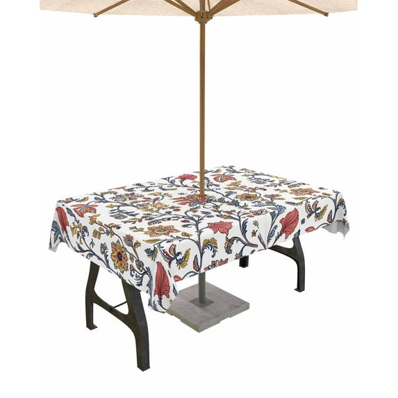 nqOlkjepod Boho Leaf Outdoor Tablecloth with Umbrella Hole & Zipper, Orange Red Spring Farmhouse Pastoral Tribal Rectangle Table Cover 60x102 Inch, Dining Waterproof Table Cloth Protector for Patio