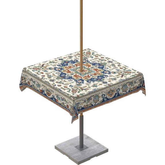 nqOlkjepod Boho Orange Blue Outdoor Tablecloth with Umbrella Hole & Zipper, Tribal Antique Country American Southwest Square Table Cover 60x60 Inch, Dining Waterproof Table Cloth Protector for Patio