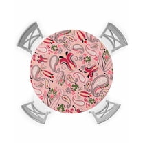 nqOlkjepod Boho Pink Floral Round Tablecloth, Fitted Table Cover with Elastic for 45"-54" Round Tables, Farmhouse Botanical Vintage Paisley Flower Table Cloth Dinning Party Waterproof Tablecloths