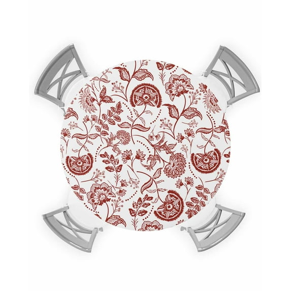 nqOlkjepod Boho Red Floral Round Tablecloth, Fitted Table Cover with Elastic for 45"-54" Round Tables, Vintage Farmhouse Paisley Plant Leaf Table Cloth Outdoor Dinning Party Waterproof Tablecloths