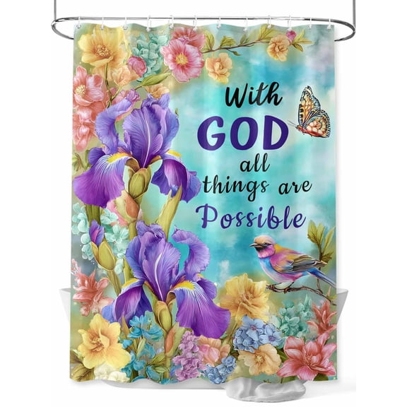 nqOlkjepod Botanical Floral Shower Curtain, Waterproof Shower Curtains for Bathroom, with God All Things Are Possible Washable Fabric Bathtub Curtain Set Bath Decor with 12 Hooks Standard 72"x72"