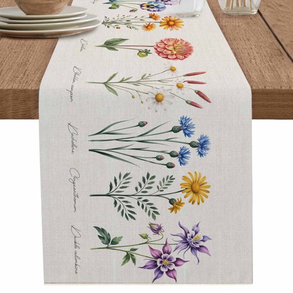 nqOlkjepod Botanical Flowers Table Runner 36 Inches Long Farmhouse Dress Scarves, Country Colorful Floral Illustration Dining Tablerunner for Coffee Table/Kitchen Island/Party Décor, Small 13" x 36"