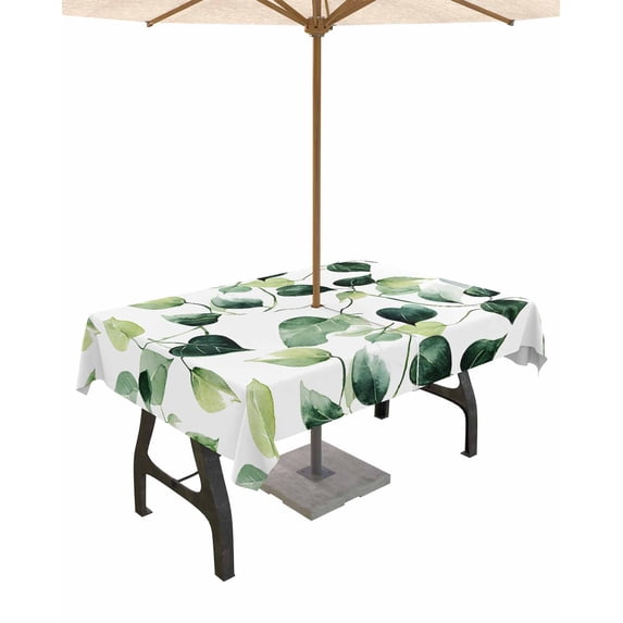 nqOlkjepod Botanical Leaves Outdoor Tablecloth with Umbrella Hole & Zipper, Summer Retro Pastoral Garden Plant Rectangle Table Cover 60x84 Inch, Dining Waterproof Table Cloth Protector for Patio