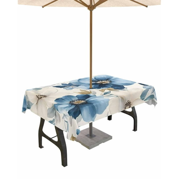 nqOlkjepod Botanicals Flower Outdoor Tablecloth with Umbrella Hole & Zipper, Watercolor Blue Plant Eucalyptus Rectangle Table Cover 60x84 Inch, Dining Waterproof Table Cloth Protector for Patio