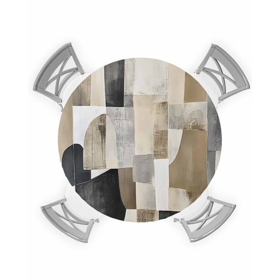 nqOlkjepod Brown Black Geometric Round Tablecloth, Fitted Table Cover with Elastic for 55"-60" Round Tables, Abstract Art Color Block Painting Table Cloth Dinning Party Waterproof Tablecloths