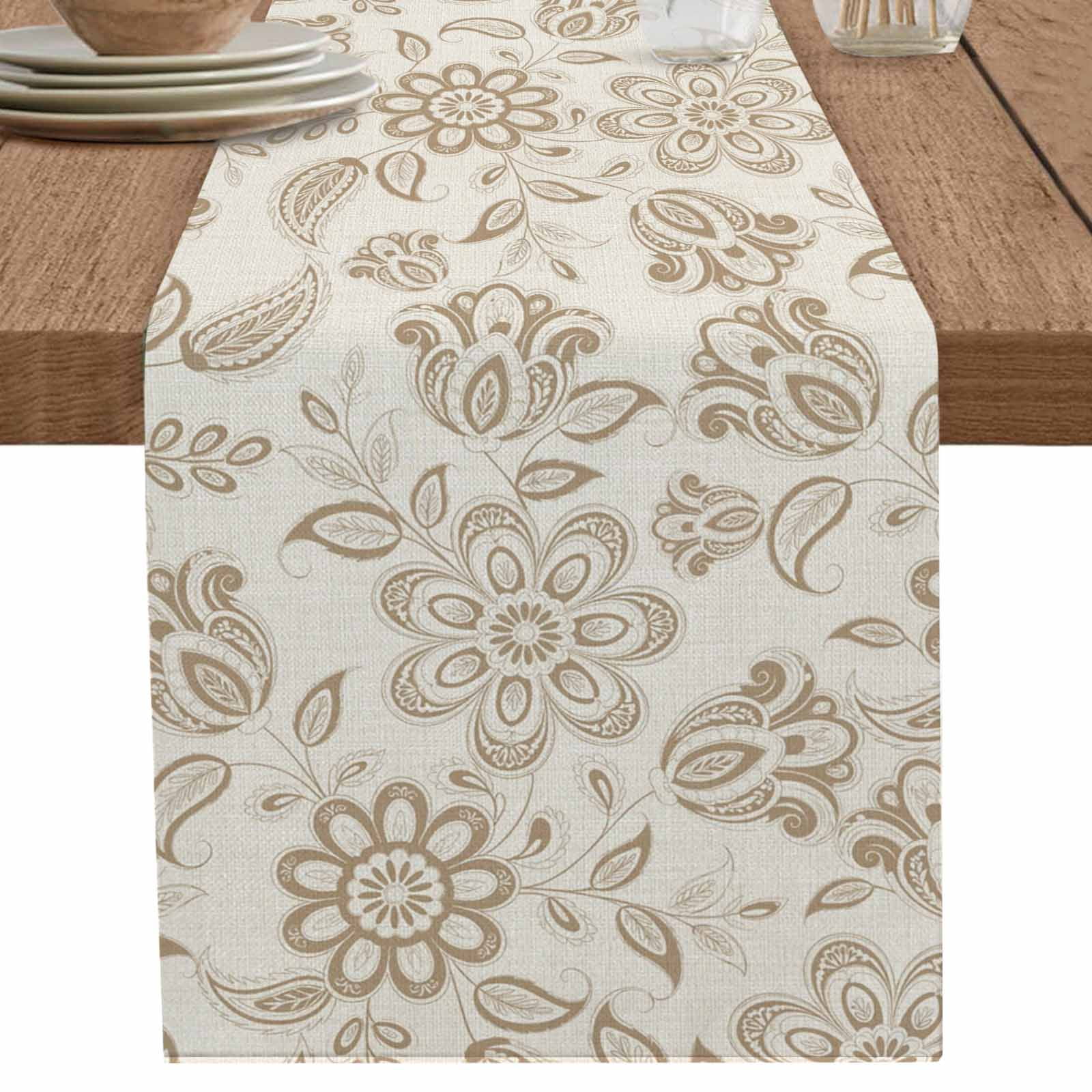 nqOlkjepod Brown Flowers Table Runner 120 Inches Long Farmhouse Dress Scarves, Vintage Pastoral Farmhouse Ethnic Art Dining Tablerunner for Coffee Table/Kitchen Island/Party Décor, 13" x 120"