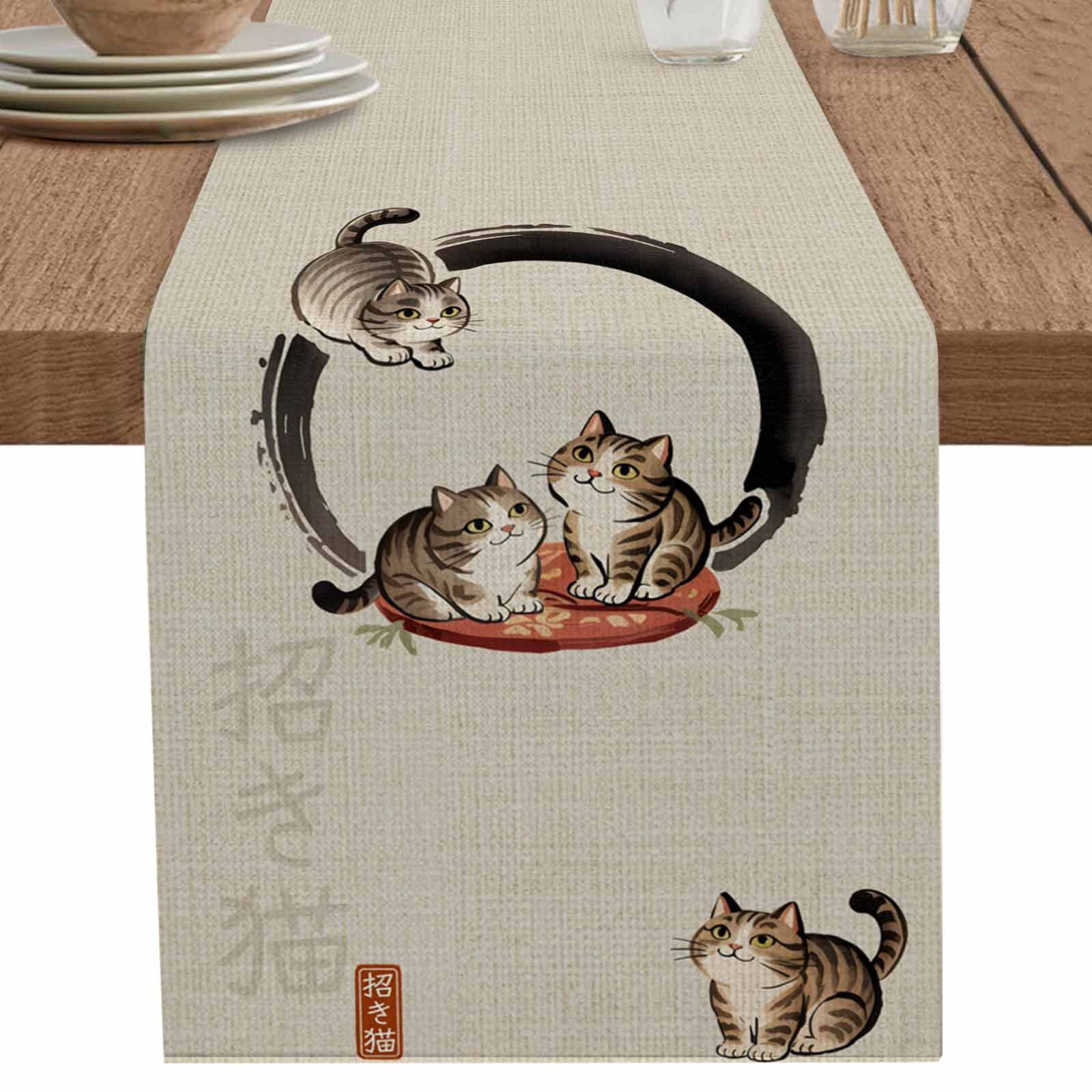 nqOlkjepod Brown Grey Cat Table Runner 108 Inches Long Farmhouse Dress ...