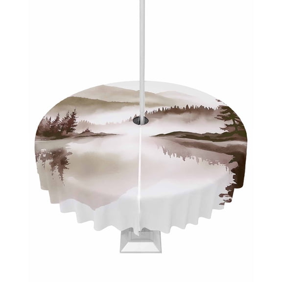 nqOlkjepod Brown Ink Landscape Outdoor Tablecloth with Umbrella Hole & Zipper, Watercolor Lake Forest Round Table Cover 54 Inch, Dining Waterproof Table Cloth Protector for Patio/Party/Picnic