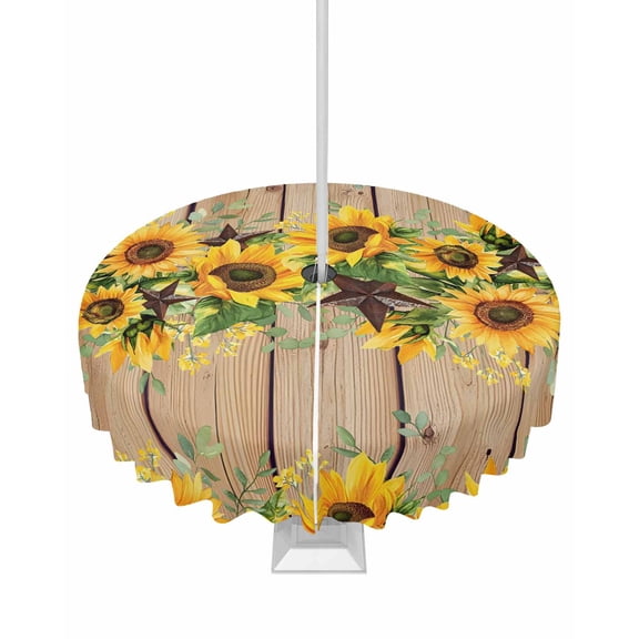nqOlkjepod Brown Sunflower Outdoor Tablecloth with Umbrella Hole & Zipper, Rustic Country Star Spring Summer Wooden Round Table Cover 54 Inch, Dining Waterproof Table Cloth Protector for Patio/Party