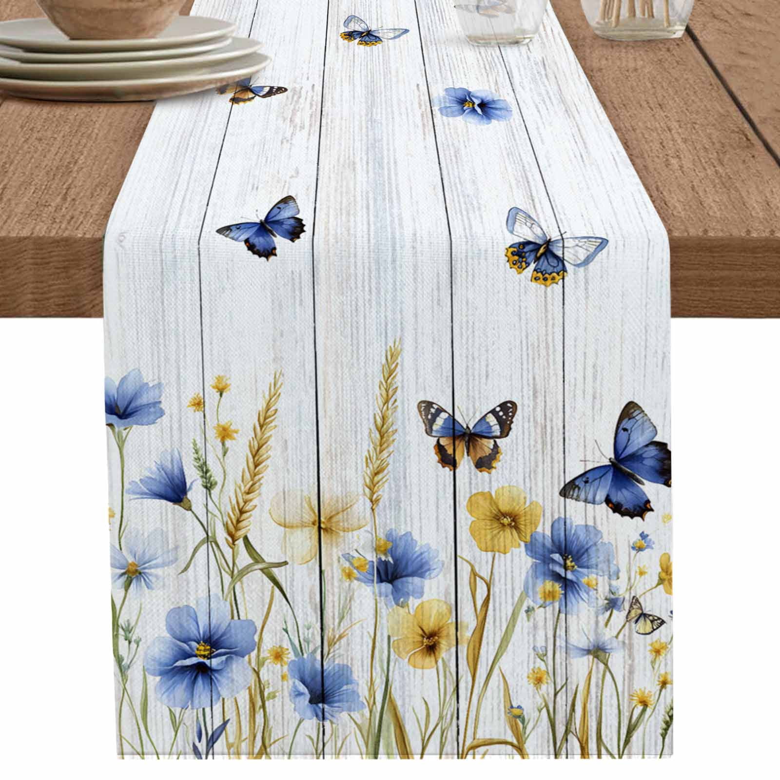 nqOlkjepod Butterflies Flower Table Runner 36 Inches Long Farmhouse Dress Scarves, Country Wood Grain Leaves Farmhouse Dining Tablerunner for Coffee Table/Kitchen Island/Party Décor, Small 13" x 36"