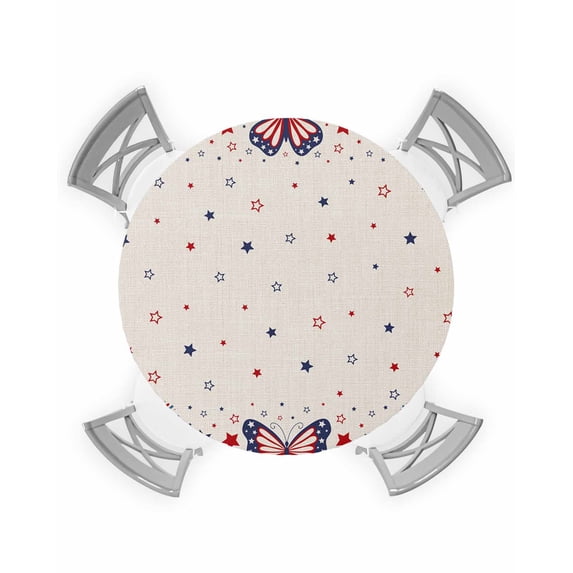 nqOlkjepod Butterfly 4th of July Round Tablecloth, Fitted Table Cover with Elastic for 45"-54" Round Tables, Independence Day Star Blue Red Rustic Table Cloth Dinning Party Waterproof Tablecloths