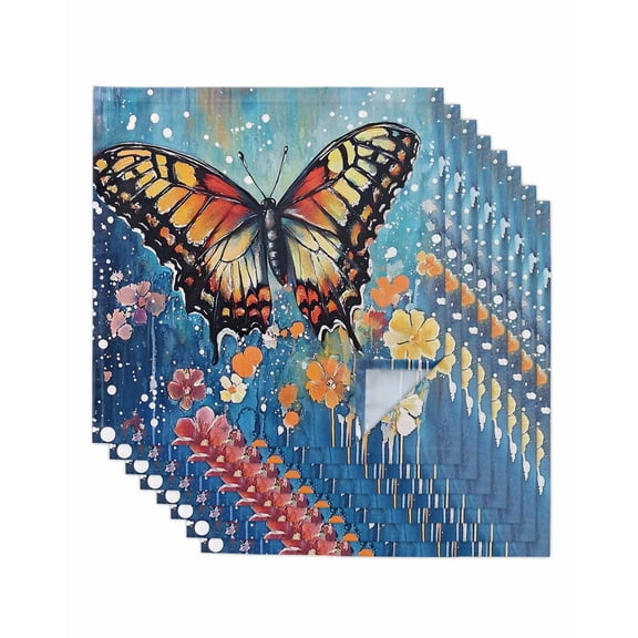 nqOlkjepod Butterfly Flower Blue Cloth Napkins Set of 8 Reusable Dinner Napkins, Spring Summer Oil Painting Floral Cocktail Napkin Washable Table Napkins for Wedding/Party/Baby Shower 20"x20"