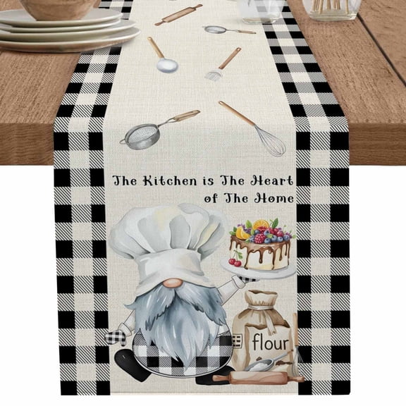 nqOlkjepod Chef Gnomes Table Runner 108 Inches Long Farmhouse Dress Scarves, Black Grey Plaid Cake Cook Dessert Burlap Dining Tablerunner for Coffee Table/Kitchen Island/Party Décor, 13" x 108"