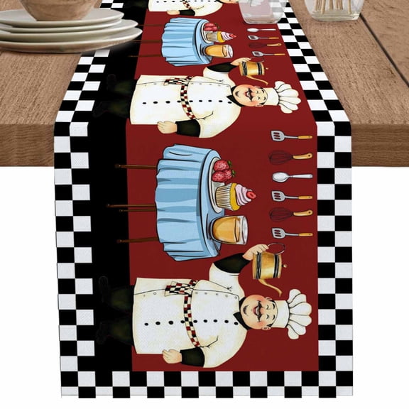 nqOlkjepod Chef Table Runner 90 Inches Long Farmhouse Dress Scarves, Cartoon Red Food Cooking Black White Buffalo Check Dining Tablerunner for Coffee Table/Kitchen Island/Party Décor, 13" x 90"