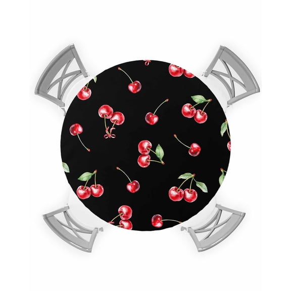 nqOlkjepod Cherry Rustic Round Tablecloth, Fitted Table Cover with Elastic for 36"-44" Round Tables, Spring Summer Tropic Fruit Black Table Cloth Outdoor Indoor Dinning Party Waterproof Tablecloths