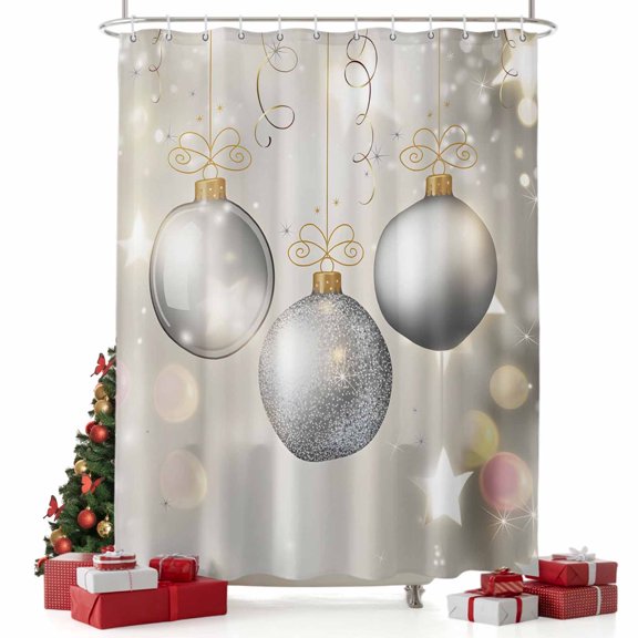 nqOlkjepod Christmas Balls Shower Curtain, Waterproof Shower Curtains for Bathroom, Xmas Balls Golden Grey Washable Fabric Bathtub Curtain Set Bath Decor with 12 Hooks Standard 72"x72"