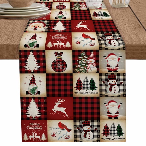 nqOlkjepod Christmas Plaid Table Runner 36 Inches Long Farmhouse Dress Scarves, Xmas Tree Snowflake Snowman Vintage Red Dining Tablerunner for Coffee Table/Kitchen Island/Party Décor, Small 13"x36"