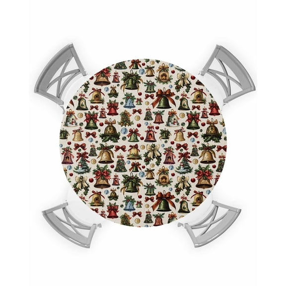 nqOlkjepod Christmas Round Tablecloth, Fitted Table Cover with Elastic for 36"-44" Round Tables, Xmas Bells Snowflake Snowman Botanical Table Cloth Outdoor Dinning Party Waterproof Tablecloths