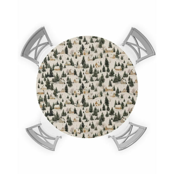 nqOlkjepod Christmas Round Tablecloth, Fitted Table Cover with Elastic for 36"-44" Round Tables, Xmas Tree Green Farmhouse Snowflake Rustic Table Cloth Outdoor Dinning Party Waterproof Tablecloths