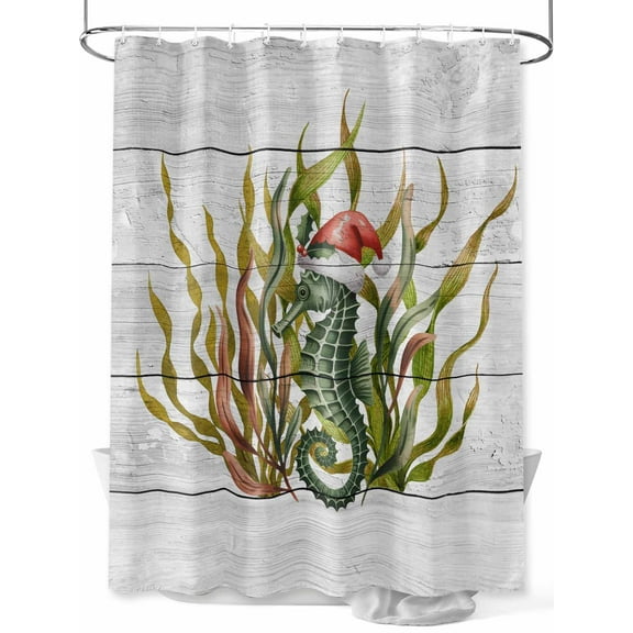nqOlkjepod Christmas Seahorse Shower Curtain, Waterproof Shower Curtains for Bathroom, Winter Ocean Seaweed Wooden Grain Washable Fabric Bathtub Curtain Set Bath Decor with 12 Hooks 48"x72"