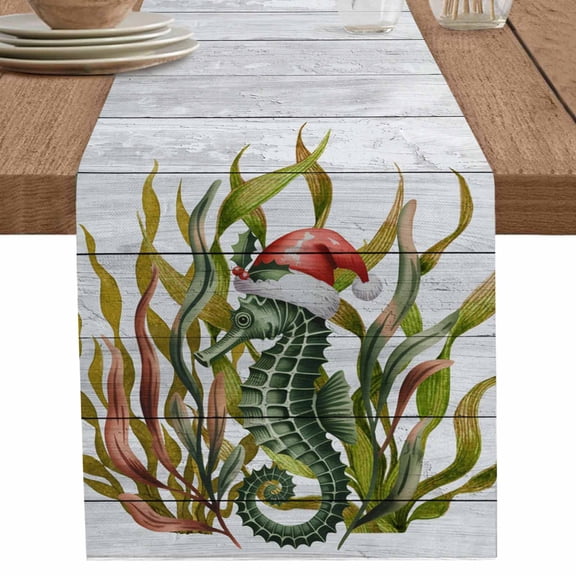 nqOlkjepod Christmas Seahorse Table Runner 108 Inches Long Farmhouse Dress Scarves, Winter Ocean Seaweed Wooden Grain Dining Tablerunner for Coffee Table/Kitchen Island/Party Décor, 13" x 108"
