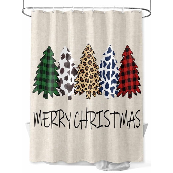 nqOlkjepod Christmas Shower Curtain, Waterproof Shower Curtains for Bathroom, Cow Leopard Print Red Green Plaid Pine Tree Washable Bathtub Curtain Set Bath Decor with 12 Hooks Extra Long 72"x96"