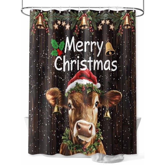 nqOlkjepod Christmas Shower Curtain, Waterproof Shower Curtains for Bathroom, Winter Cow Pine Branches Berry Bell Wooden Grain Washable Bathtub Curtain Set Bath Decor with 12 Hooks Long 72"x84"