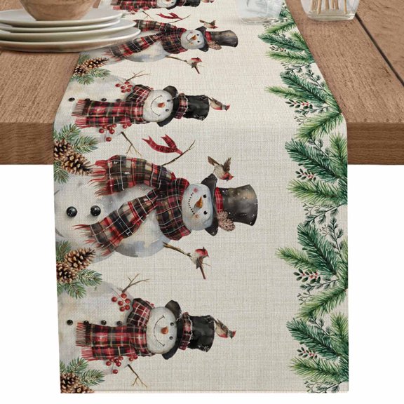 nqOlkjepod Christmas Snowman Table Runner 70 Inches Long Farmhouse Dress Scarves, Xmas Winter Pine Fruits on Linen Dining Tablerunner for Coffee Table/Kitchen Island/Party Décor, 13" x 70"