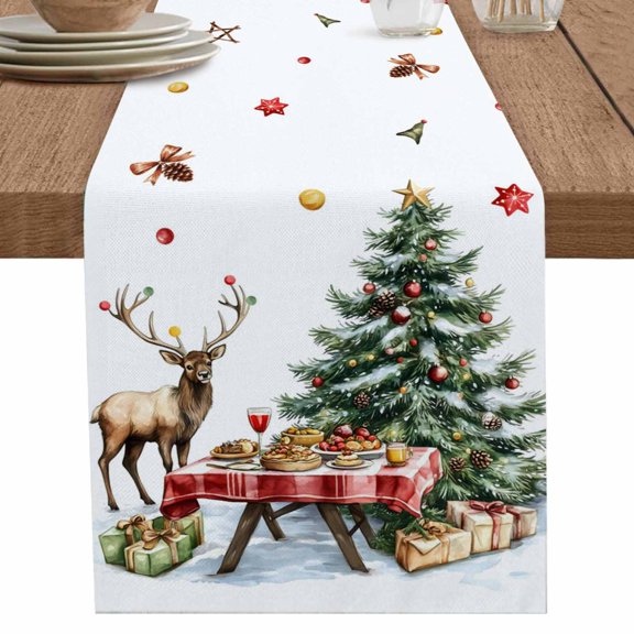 nqOlkjepod Christmas Table Runner 36 Inches Long Farmhouse Dress Scarves, Xmas Balls Winter Pine Tree Fruits Gifts Dining Tablerunner for Coffee Table/Kitchen Island/Party Décor, Small 13" x 36"