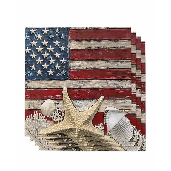 nqOlkjepod Coastal American Flag Cloth Napkins Set of 4 Reusable Dinner Napkins, Starfish Shell Vintage Cocktail Napkin Washable Table Napkins for Wedding/Holiday Party/Baby Shower 20"x20"