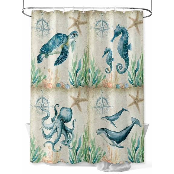 nqOlkjepod Coastal Animals Shower Curtain, Waterproof Shower Curtains for Bathroom, Ocean Turtle Seahorse Octopus Whale Vintage Bathtub Curtain Set Bath Decor with 12 Hooks Extra Long 72"x96"