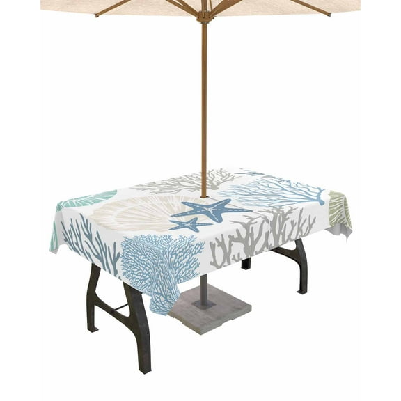 nqOlkjepod Coastal Blue Outdoor Tablecloth with Umbrella Hole & Zipper, Ocean Coral Starfish Shell Modern Sea Rectangle Table Cover 52x70 Inch, Dining Waterproof Table Cloth Protector for Patio