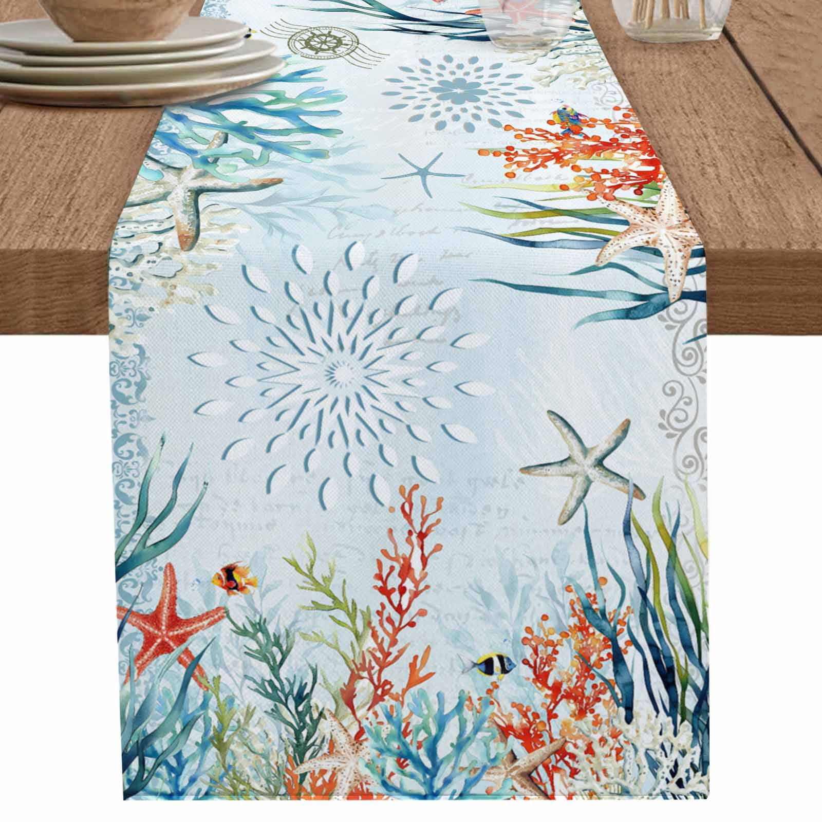 nqOlkjepod Coastal Blue Table Runner 72 Inches Long Farmhouse Dress ...
