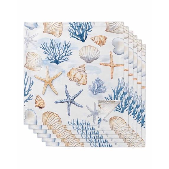 nqOlkjepod Coastal Coral Cloth Napkins Set of 6 Reusable Dinner Napkins, Ocean Starfish Shell Beach Blue Watercolor Cocktail Napkin Washable Table Napkins for Wedding/Party/Baby Shower 20"x20"