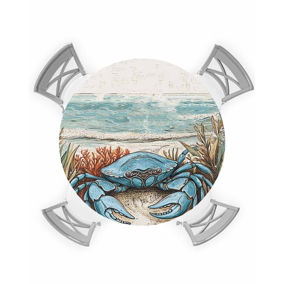 nqOlkjepod Coastal Crab Round Tablecloth, Fitted Table Cover with Elastic for 55"-60" Round Tables, Nautical Summer Beach Starfish Coral Table Cloth Outdoor Dinning Party Waterproof Tablecloths