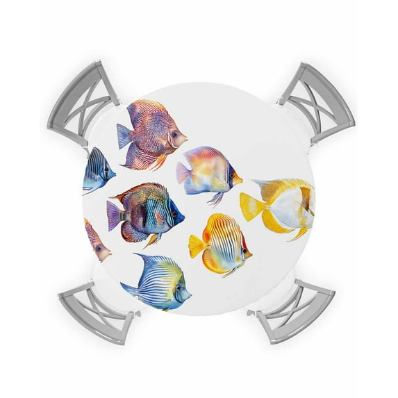 nqOlkjepod Coastal Fishes Round Tablecloth, Fitted Table Cover with Elastic for 55"-60" Round Tables, Summer Beach Ocean Life Watercolor Table Cloth Outdoor Dinning Party Waterproof Tablecloths