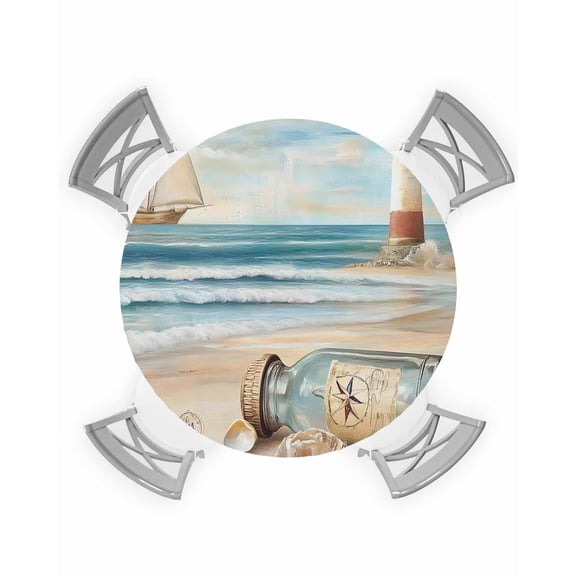 nqOlkjepod Coastal Nautical Round Tablecloth, Fitted Table Cover with Elastic for 36"-44" Round Tables, Summer Ocean Beach Wave Compass Table Cloth Outdoor Dinning Party Waterproof Tablecloths