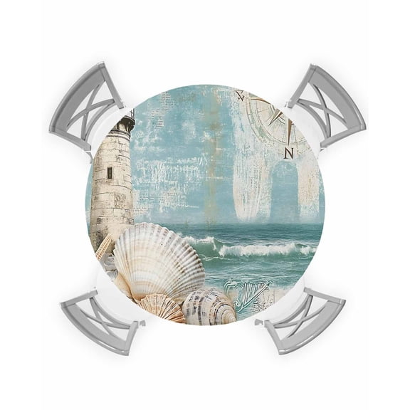 nqOlkjepod Coastal Nautical Round Tablecloth, Fitted Table Cover with Elastic for 45"-54" Round Tables, Summer Beach Wave Starfish Shell Table Cloth Outdoor Dinning Party Waterproof Tablecloths