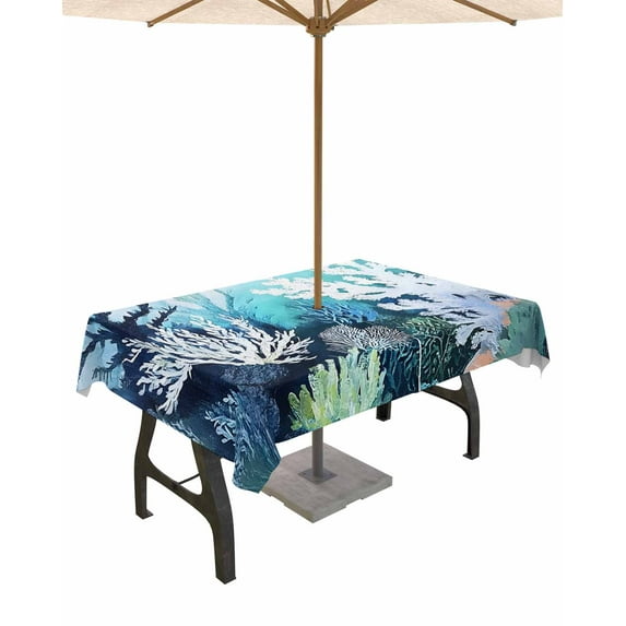 nqOlkjepod Coastal Ocean Outdoor Tablecloth with Umbrella Hole & Zipper, Summer Vintage Colorful Coral Rectangle Table Cover 60x84 Inch, Dining Waterproof Table Cloth Protector for Patio/Party