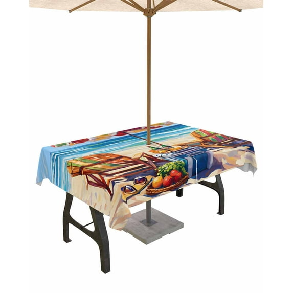nqOlkjepod Coastal Sea Wave Outdoor Tablecloth with Umbrella Hole & Zipper, Summer Ocean Abstract Oil Painting Beach Rectangle Table Cover 60x102 Inch, Waterproof Table Cloth Protector for Patio