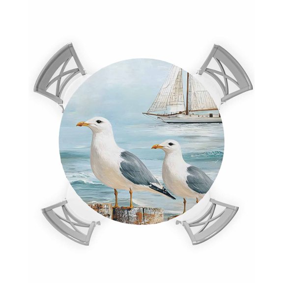 nqOlkjepod Coastal Seagull Round Tablecloth, Fitted Table Cover with Elastic for 36"-44" Round Tables, Summer Beach Vintage Nautical Sailboat Table Cloth Outdoor Dinning Party Waterproof Tablecloths