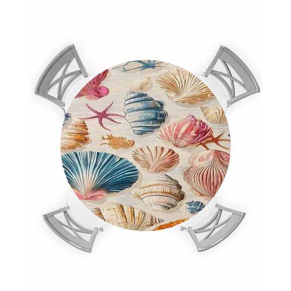 nqOlkjepod Coastal Shell Round Tablecloth, Fitted Table Cover with Elastic for 36"-44" Round Tables, Summer Nautical Shell Beach Starfish Table Cloth Outdoor Dinning Party Waterproof Tablecloths