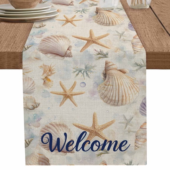 nqOlkjepod Coastal Shell Table Runner 90 Inches Long Farmhouse Dress Scarves, Summer Beach Ocean Sea Starfish Burlap Dining Tablerunner for Coffee Table/Kitchen Island/Party Décor, 13" x 90"
