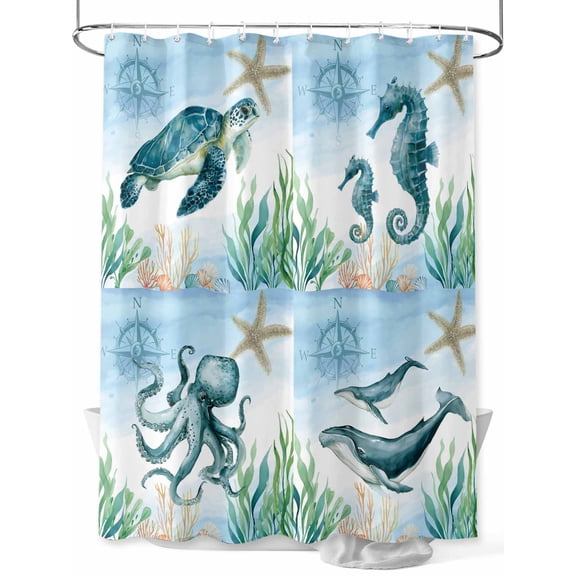 nqOlkjepod Coastal Shower Curtain, Waterproof Shower Curtains for Bathroom, Ocean Turtle Seahorse Octopus Whale Beach Starfish Washable Fabric Bathtub Curtain Set Bath Decor with 12 Hooks 72"x78"