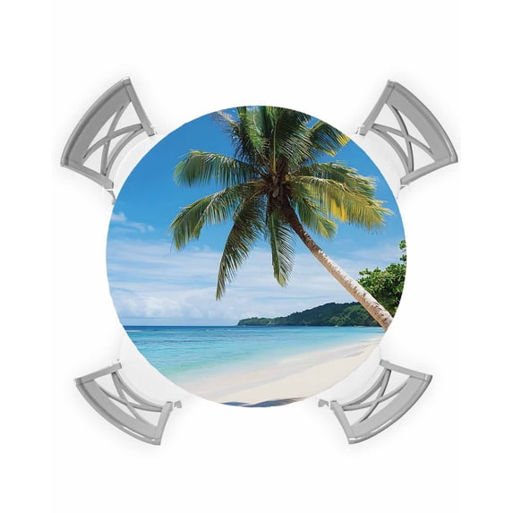 nqOlkjepod Coastal Tropical Round Tablecloth, Fitted Table Cover with Elastic for 55"-60" Round Tables, Blue Sky Coconut Tree Summer Beach Table Cloth Outdoor Dinning Party Waterproof Tablecloths
