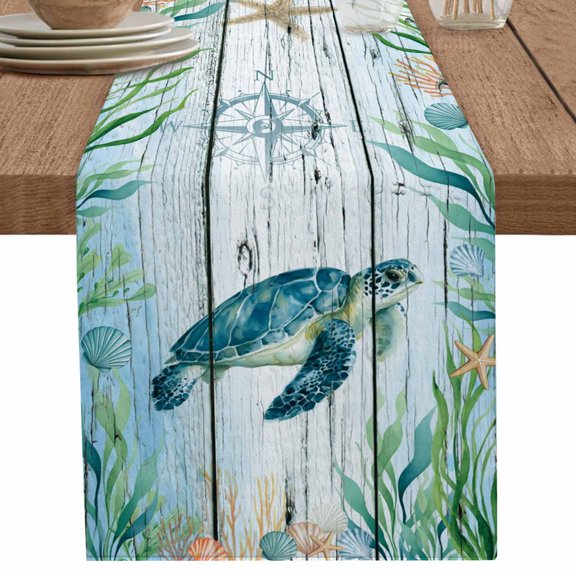 nqOlkjepod Coastal Turtle Table Runner 36 Inches Long Farmhouse Dress Scarves, Nautical Ocean Shells Seaweeds Starfish Dining Tablerunner for Coffee Table/Kitchen Island/Party Décor, Small 13" x 36"