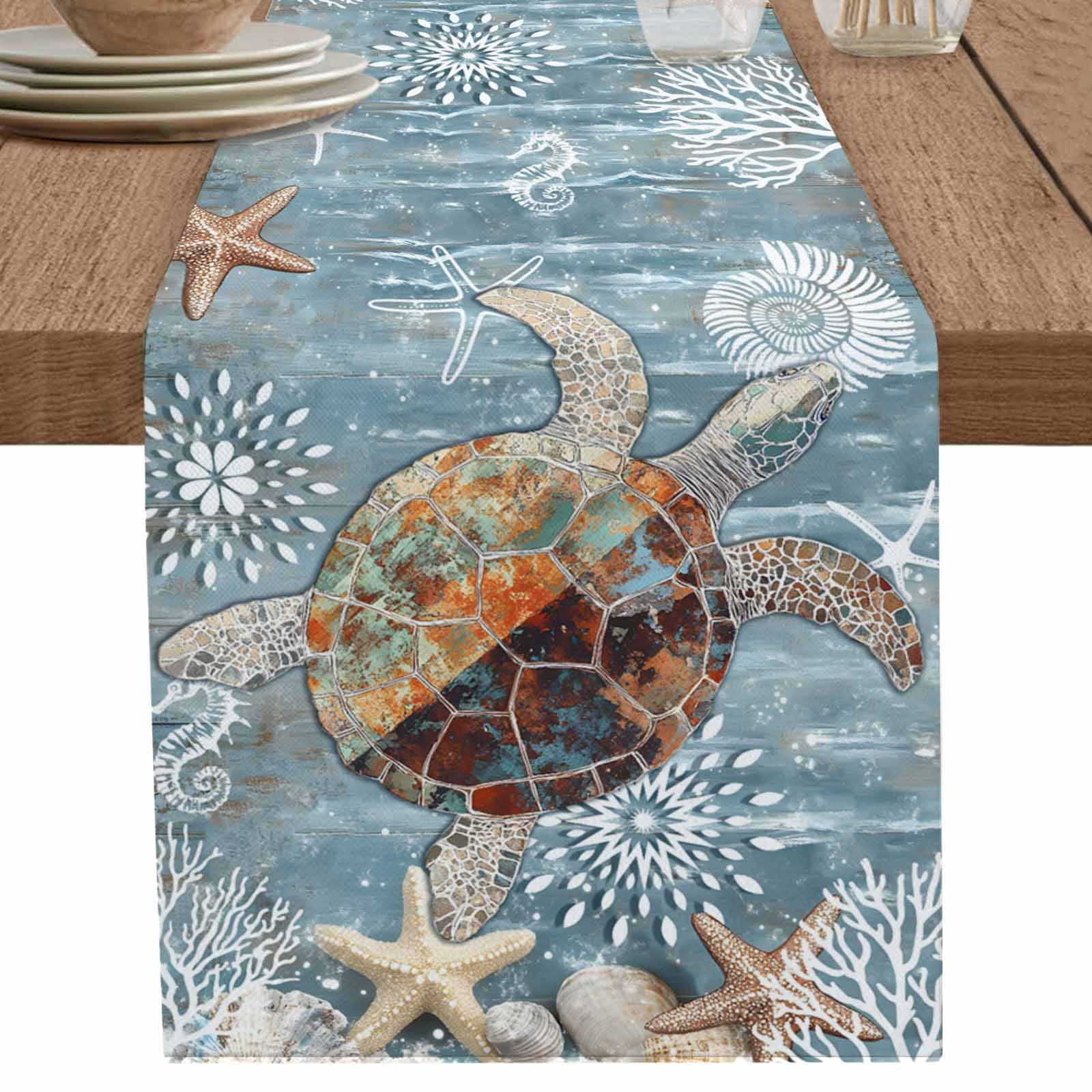 nqOlkjepod Coastal Turtle Table Runner 72 Inches Long Farmhouse Dress ...