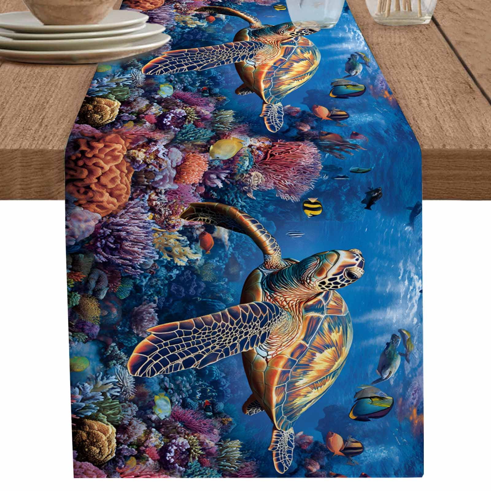 nqOlkjepod Coastal Turtle Table Runner 72 Inches Long Farmhouse Dress ...